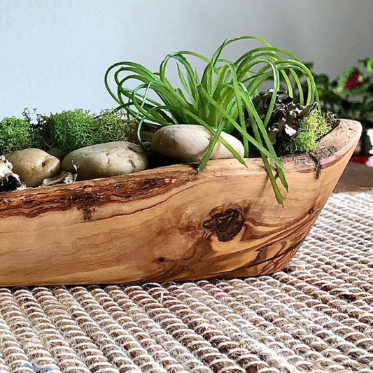 OLIVE WOOD SERVING CANOE - RUSTIC SMALL