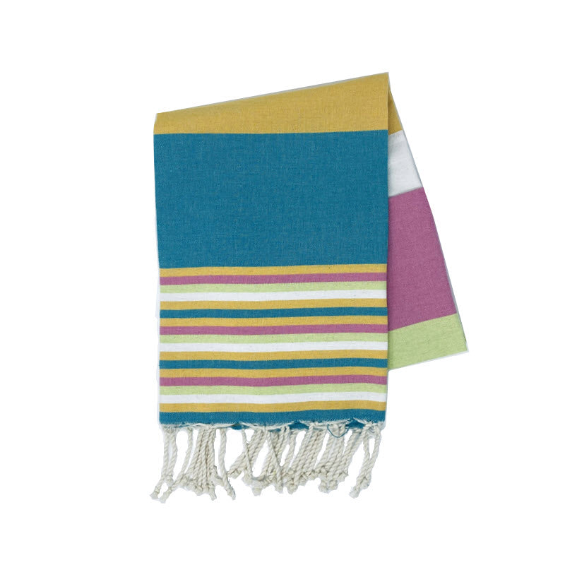 COTTON | SPA TOWEL | THROW | BLANKET | PINK + TURQUISE + GREEN + WHITE + YELLOW STRIPED | FOUTA TOWEL