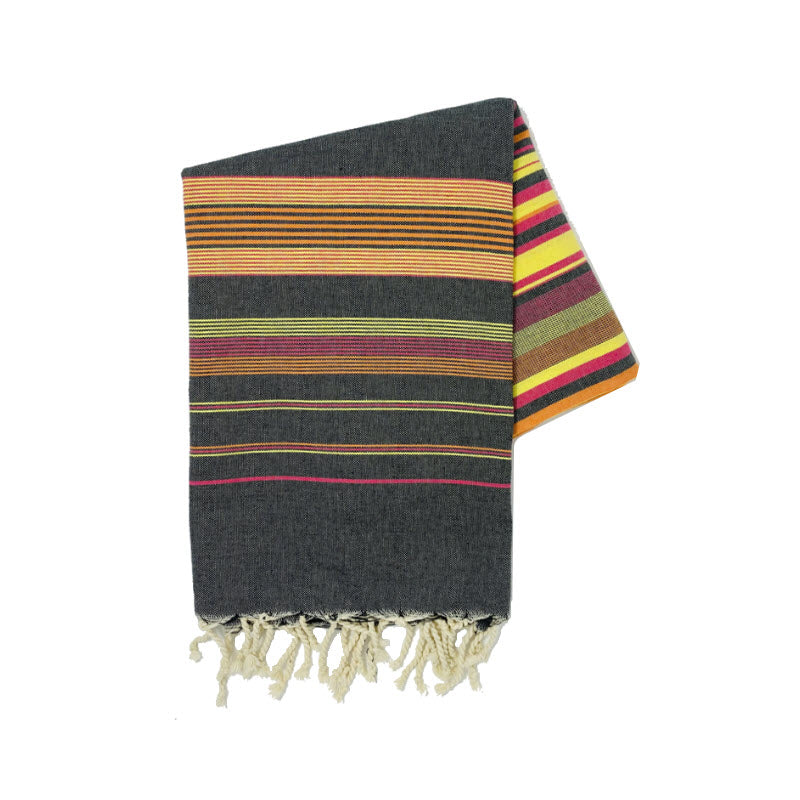 COTTON | SPA TOWEL | THROW | BLANKET | GREY + ORANGE + PINK + YELLOW STRIPED | FOUTA TOWEL | STYLE EL JEM GREY + ORANGE