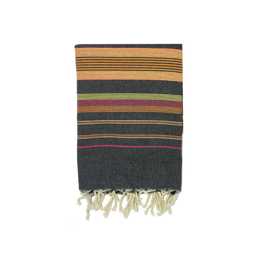 COTTON | SPA TOWEL | THROW | BLANKET | GREY + ORANGE + PINK + YELLOW STRIPED | FOUTA TOWEL | STYLE EL JEM GREY + ORANGE