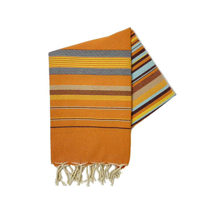 COTTON | SPA TOWEL | THROW | BLANKET | ORANGE + YELLOW + GREY + BURGUNDY STRIPED | FOUTA TOWEL | STYLE EL JEM