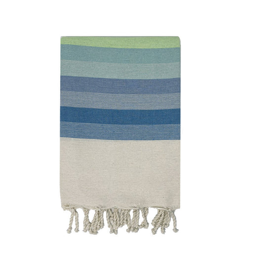 COTTON | SPA TOWEL | THROW | BLANKET | BLUE + GREEN + GREY + KHAKI STRIPED | FOUTA TOWEL | STYLE MAHDIA CYAN + LIME