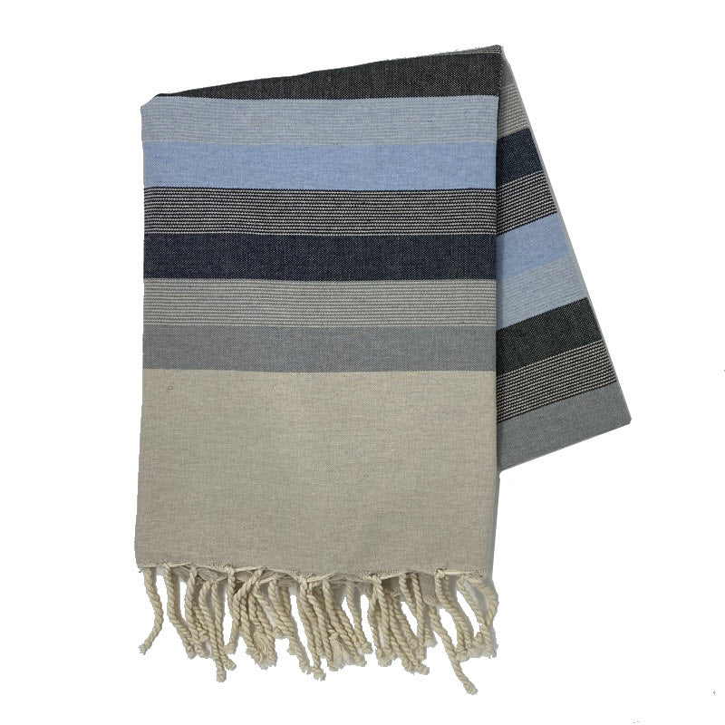 COTTON | SPA TOWEL | THROW | BLANKET | BLACK + SKY BLUE + GREY + KHAKI STRIPED | FOUTA TOWEL