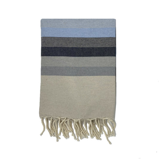 COTTON | SPA TOWEL | THROW | BLANKET | BLACK + SKY BLUE + GREY + KHAKI STRIPED | FOUTA TOWEL