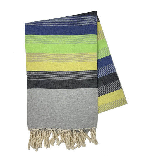 COTTON | SPA TOWEL | THROW | BLANKET | YELLOW + GREEN + BLACK + BLUE + GREY STRIPED | FOUTA TOWEL