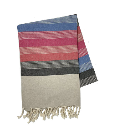 COTTON | SPA TOWEL | THROW | BLANKET | BLACK + BLUE + ROSE + KHAKI STRIPED | FOUTA TOWEL | STYLE MAHDIA BLACK + BLUE + ROSE