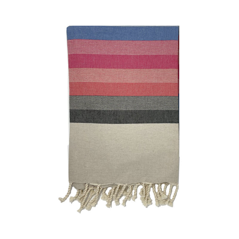 COTTON | SPA TOWEL | THROW | BLANKET | BLACK + BLUE + ROSE + KHAKI STRIPED | FOUTA TOWEL | STYLE MAHDIA BLACK + BLUE + ROSE