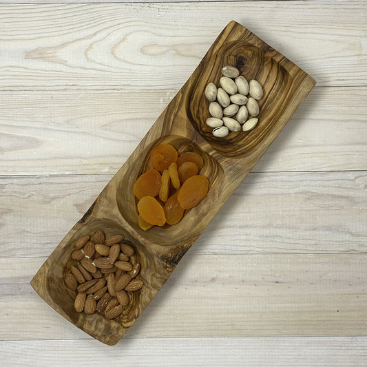 OLIVE WOOD SERVING DISH - 3-POCKET