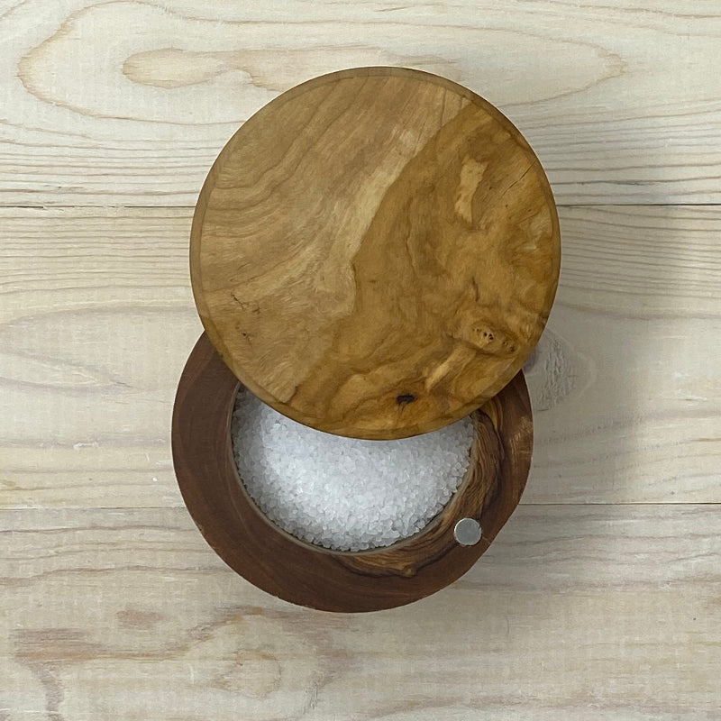Olive Wood Salt Mine with Swivel top and magnet latch