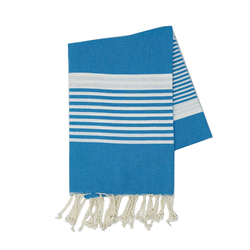 COTTON | SPA TOWEL | THROW | BLANKET | WHITE + CYAN STRIPE | FOUTA TOWEL | STYLE TATAOUINE LIGHT SIDE TOO