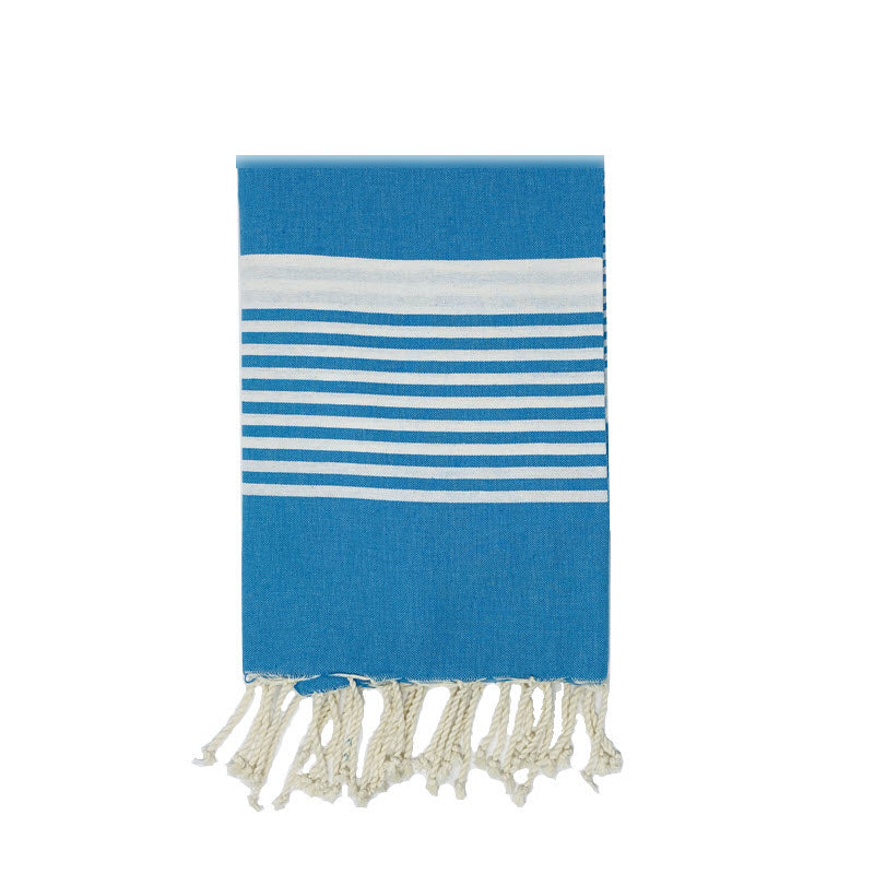 COTTON | SPA TOWEL | THROW | BLANKET | WHITE + CYAN STRIPE | FOUTA TOWEL | STYLE TATAOUINE LIGHT SIDE TOO