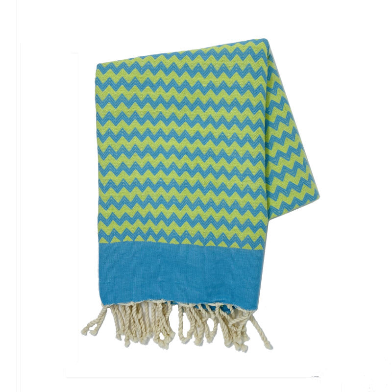 COTTON | SPA TOWEL | THROW | BLANKET | CYAN + LIME ZIG ZAG STRIPE | FOUTA TOWEL | STYLE ZAGOUAN