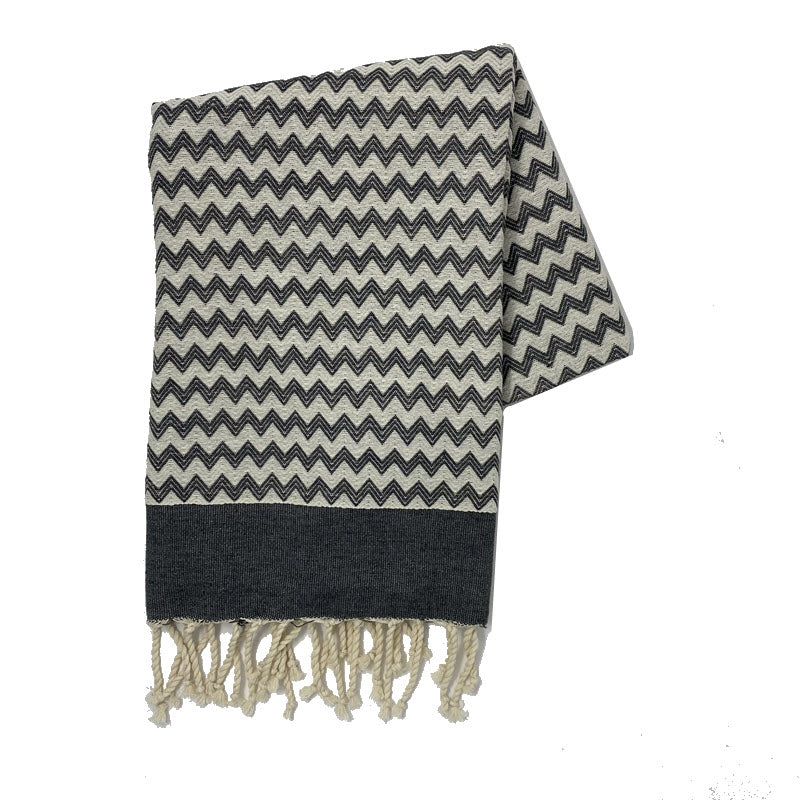 COTTON | SPA TOWEL | THROW | BLANKET | GREY + CREAM ZIG ZAG STRIPE | FOUTA TOWEL | STYLE ZAGOUAN