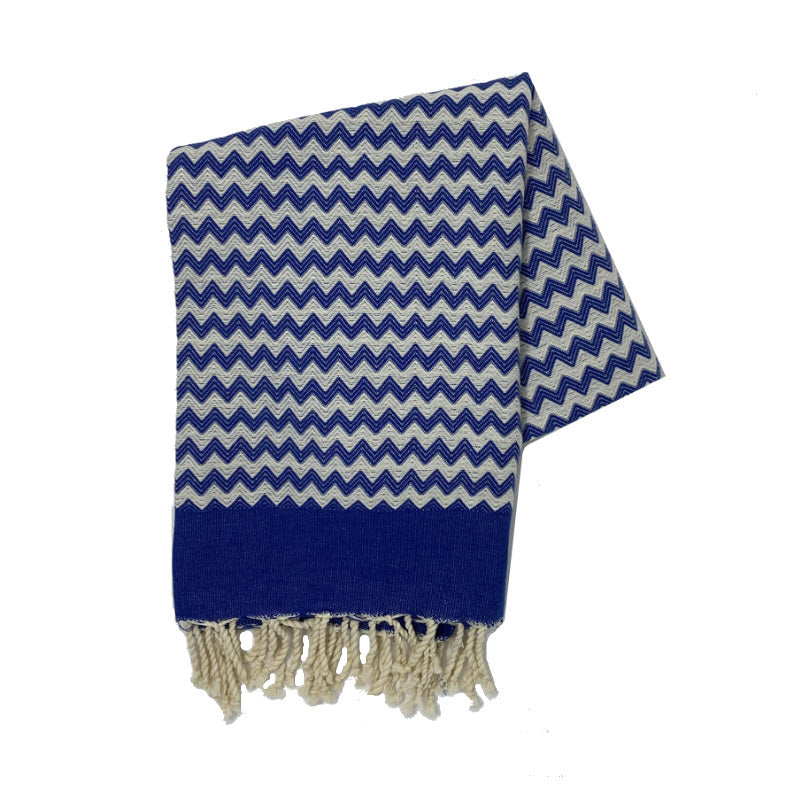 COTTON | SPA TOWEL | THROW | BLANKET | ROYAL BLUE + CREAM ZIG ZAG STRIPE | FOUTA TOWEL | STYLE ZAGOUAN