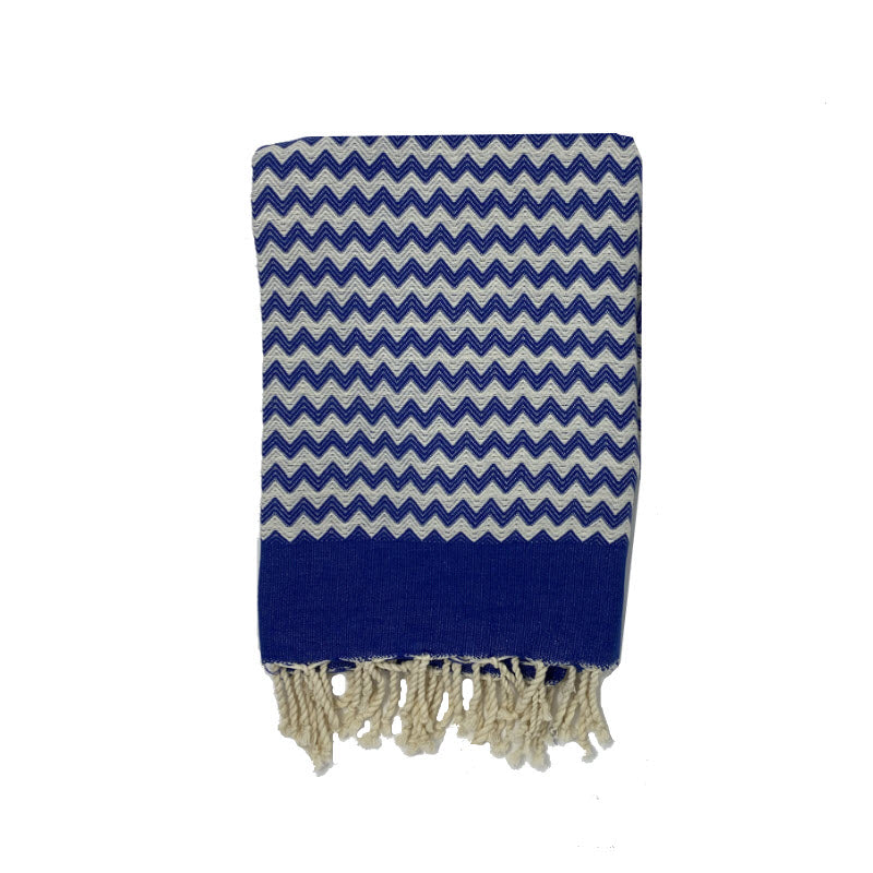 COTTON | SPA TOWEL | THROW | BLANKET | ROYAL BLUE + CREAM ZIG ZAG STRIPE | FOUTA TOWEL | STYLE ZAGOUAN