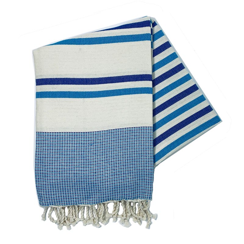 COTTON | SPA TOWEL | THROW | BLANKET | CYAN + NAVY + CREAM CANDY STRIPE | FOUTA TOWEL | STYLE ZARZIS