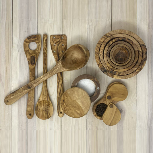 Olive wood collection of spoons, ladle salt mine 6 piece nesting bowl artisan made