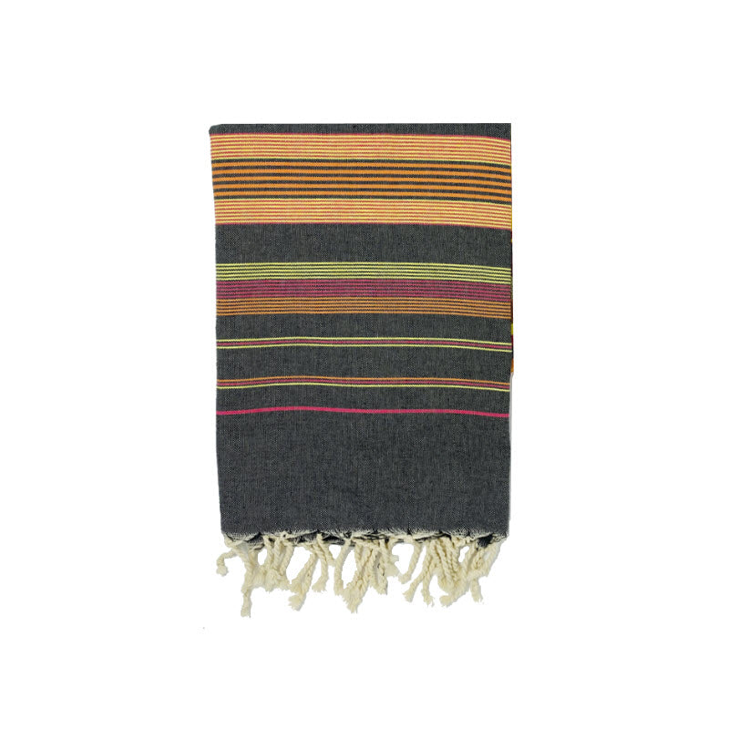 COTTON | SPA TOWEL | THROW | BLANKET | GREY + ORANGE + PINK + YELLOW STRIPED | FOUTA TOWEL | STYLE EL JEM GREY + ORANGE