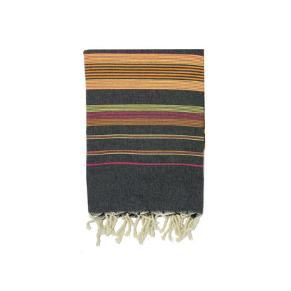 COTTON | SPA TOWEL | THROW | BLANKET | GREY + ORANGE + PINK + YELLOW STRIPED | FOUTA TOWEL | STYLE EL JEM GREY + ORANGE