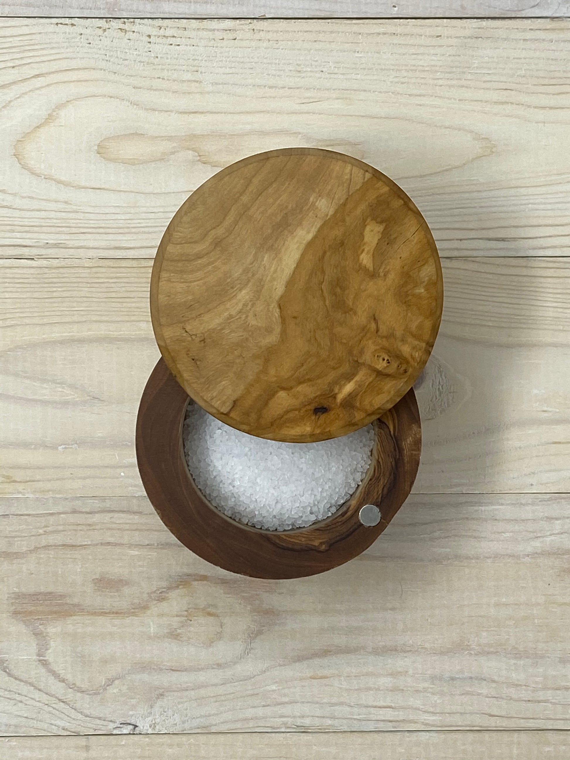 Olive Wood Salt Mine with Swivel top and magnet latch