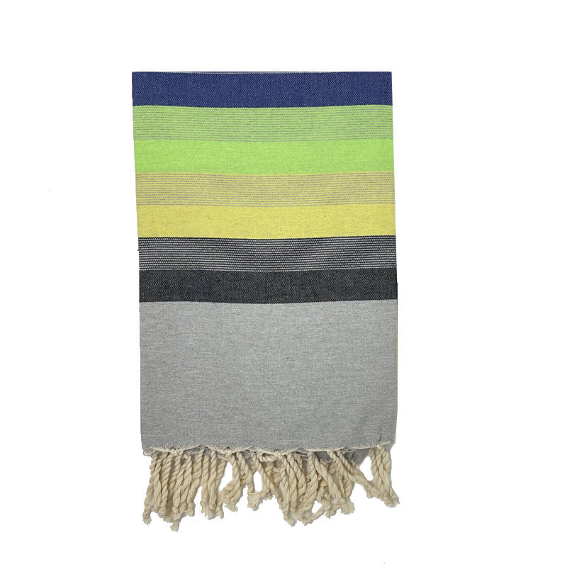 COTTON | SPA TOWEL | THROW | BLANKET | YELLOW + GREEN + BLACK + BLUE + GREY STRIPED | FOUTA TOWEL