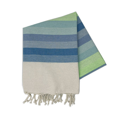 COTTON | SPA TOWEL | THROW | BLANKET | BLUE + GREEN + GREY + KHAKI STRIPED | FOUTA TOWEL | STYLE MAHDIA CYAN + LIME