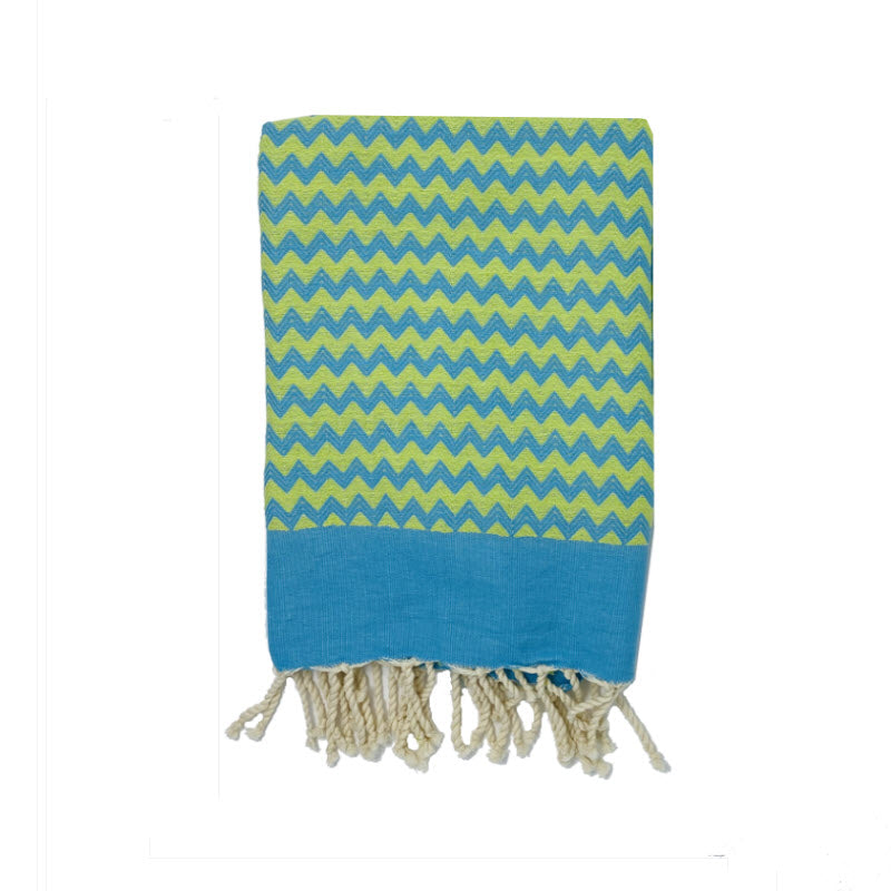 COTTON | SPA TOWEL | THROW | BLANKET | CYAN + LIME ZIG ZAG STRIPE | FOUTA TOWEL | STYLE ZAGOUAN