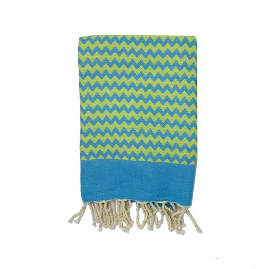 COTTON | SPA TOWEL | THROW | BLANKET | CYAN + LIME ZIG ZAG STRIPE | FOUTA TOWEL | STYLE ZAGOUAN