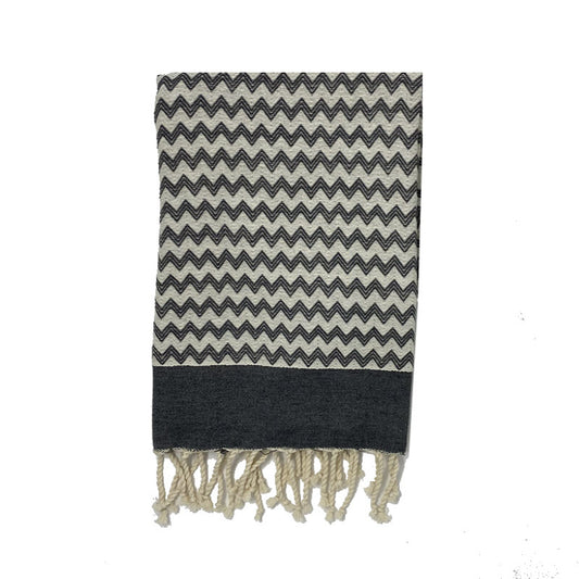 COTTON | SPA TOWEL | THROW | BLANKET | GREY + CREAM ZIG ZAG STRIPE | FOUTA TOWEL | STYLE ZAGOUAN