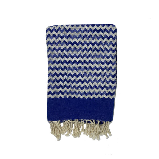 COTTON | SPA TOWEL | THROW | BLANKET | ROYAL BLUE + CREAM ZIG ZAG STRIPE | FOUTA TOWEL | STYLE ZAGOUAN
