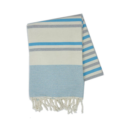 COTTON | SPA TOWEL | THROW | BLANKET | CYAN + GREY + CREAM CANDY STRIPE | FOUTA TOWEL | STYLE ZARZIS