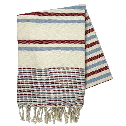 COTTON | SPA TOWEL | THROW | BLANKET | RED + SKY BLUE + CREAM CANDY STRIPE | FOUTA TOWEL | STYLE ZARZIS
